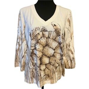 Chico's Classic Cream Blouse with Turtle design